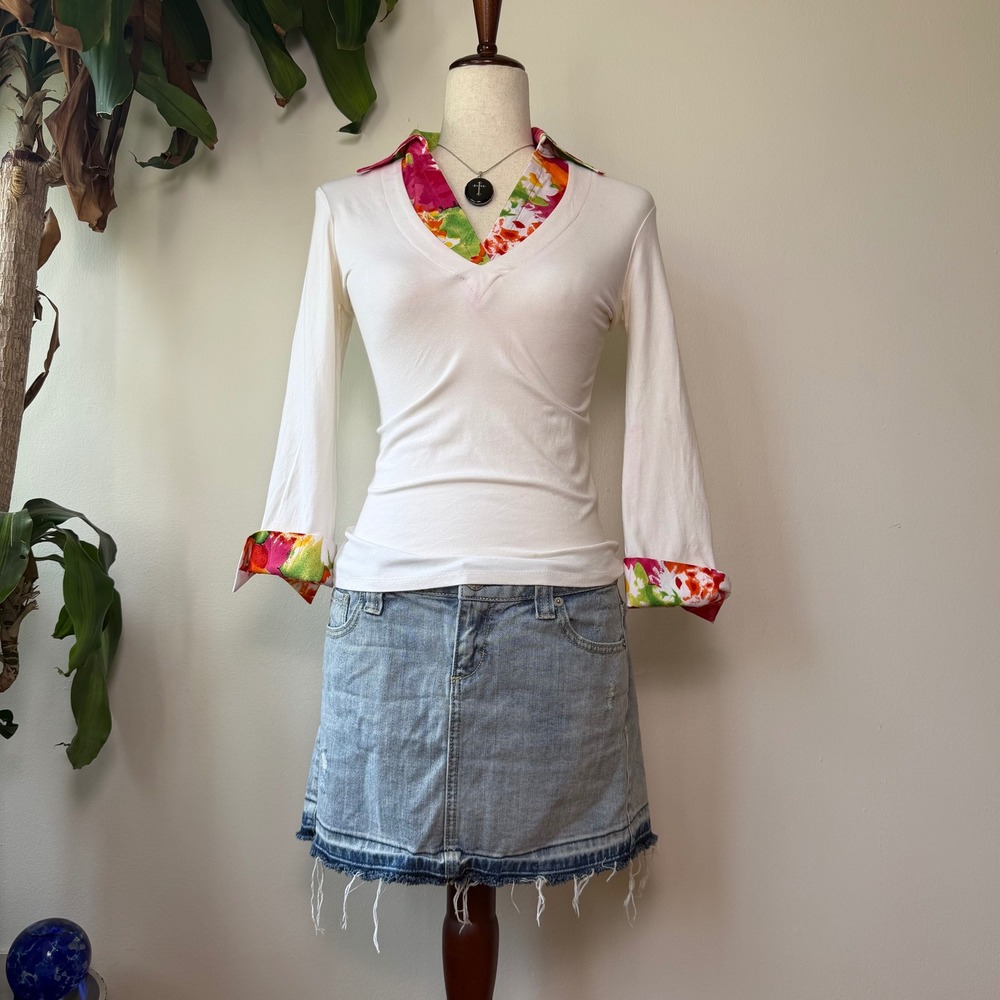 y2k Cache White Floral Contrast Double Layered 3/4 Sleeve Preppy Whimsy Small